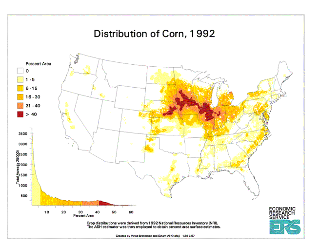 The map shows an estimate of the distribution of corn for the United States in 1992 as a percentage of total land area.  The estimate was derived using the ASH estimator.